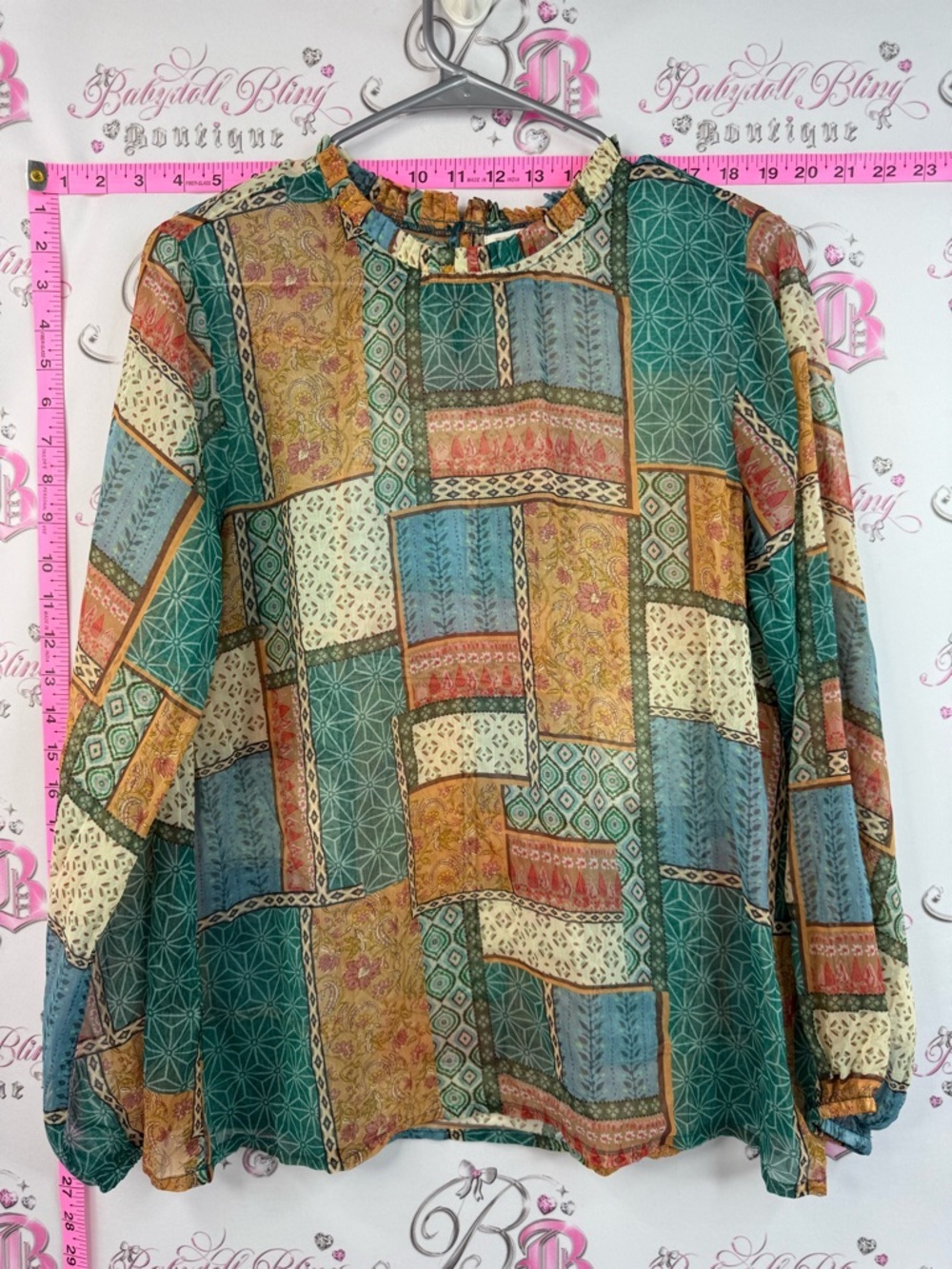 World market shirt patches boho Green Multi Patchwork Peasant Blouse